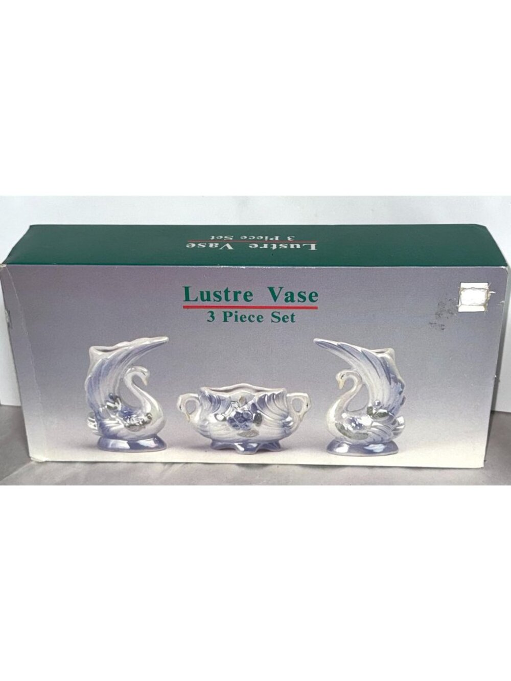 Lustre Vase 3-Piece Set Ceramic Swan Design Iridescent Finish Floral Detailing